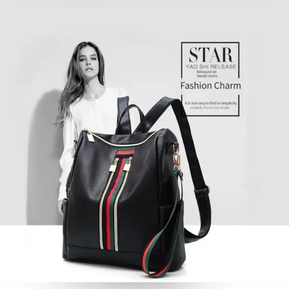 🆕 Large Capacity Backpack - Three Diagonal Stripes Soft Vegan Leather - Trendy